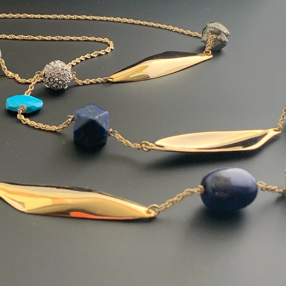 ALEXIS BITTAR NEW Gold Long Lapis Turquoise Pyrite Bead Chain  Gemstone Necklace